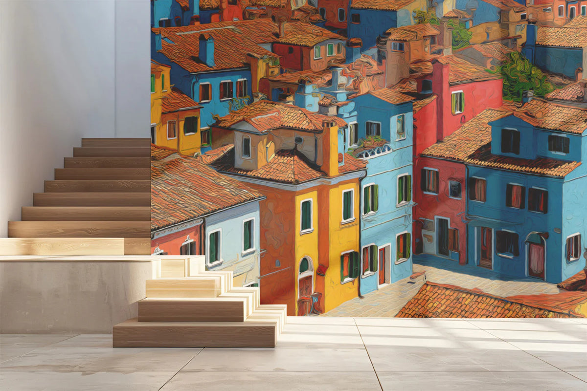 Mediterranean Village Houses Mural Wallpaper — Artistic Town Scene Mural Wallpaper - pure wallpaper artwork