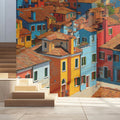 Mediterranean Village Houses Mural Wallpaper — Artistic Town Scene Mural Wallpaper - pure wallpaper artwork
