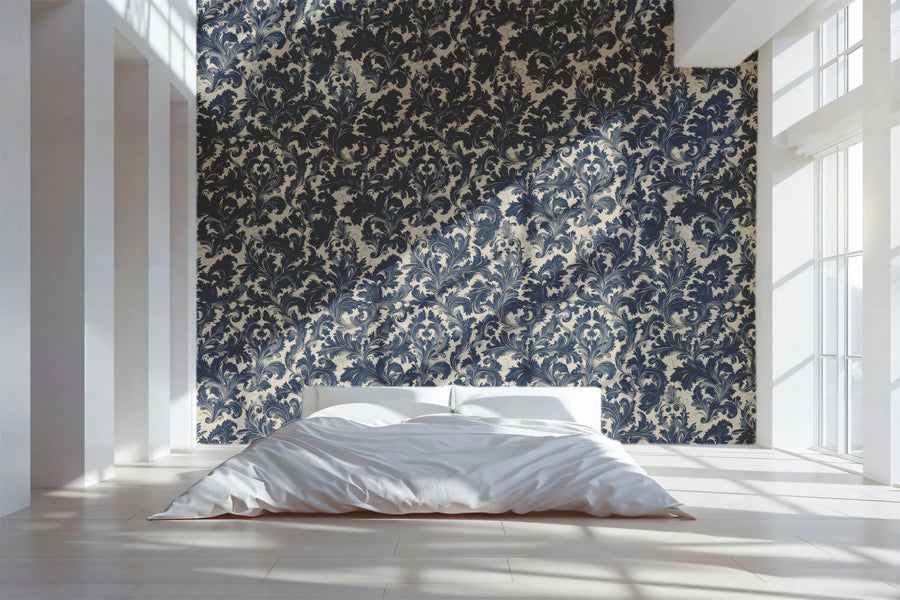 Navy Blue Damask Floral Mural Wallpaper — Traditional Heritage Mural Wallpaper