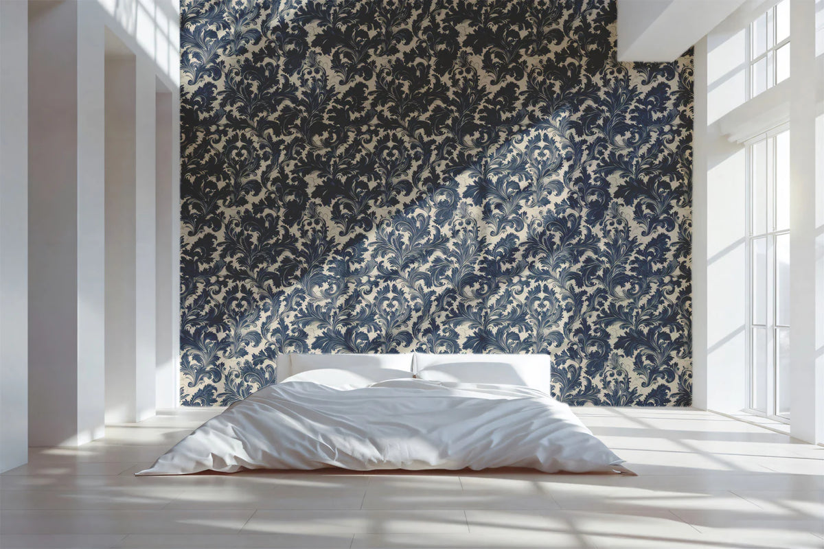 Navy Blue Damask Floral Mural Wallpaper — Traditional Heritage Mural Wallpaper - pure wallpaper artwork