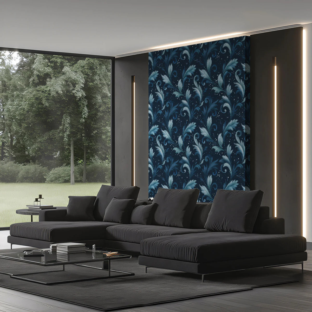 Midnight Acanthus Leaf Mural Wallpaper — Traditional Blue Damask Mural Wallpaper - pure wallpaper artwork