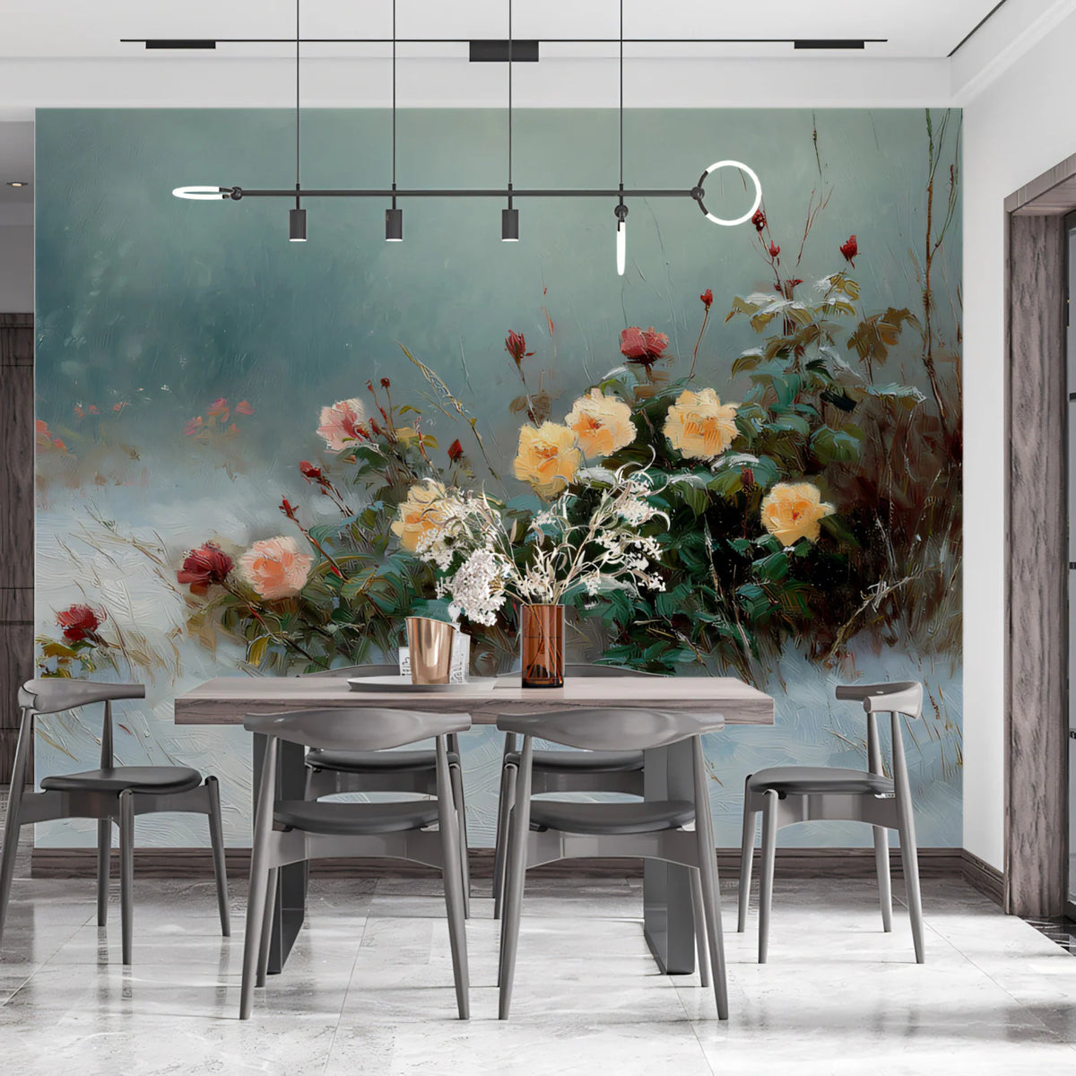 Winter Rose Garden Mural Wallpaper — Impressionistic Floral Art Mural Wallpaper - pure wallpaper artwork