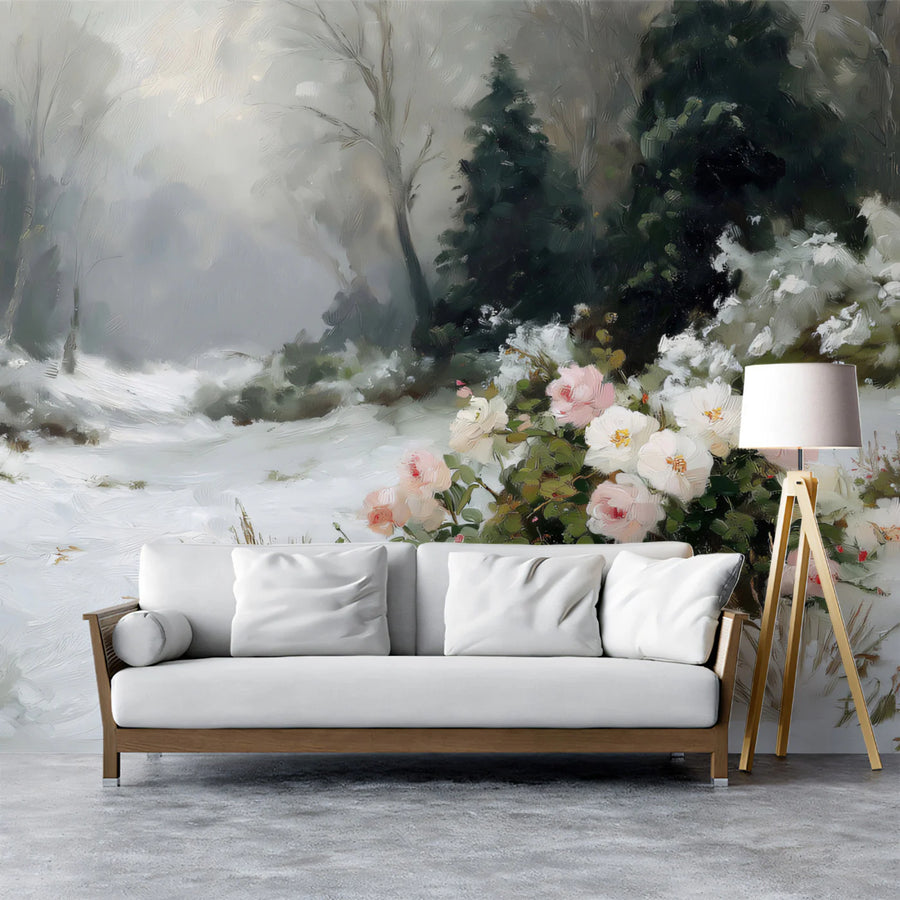 Winter Rose Path Mural Wallpaper — Impressionist Oil Painting Mural Wallpaper