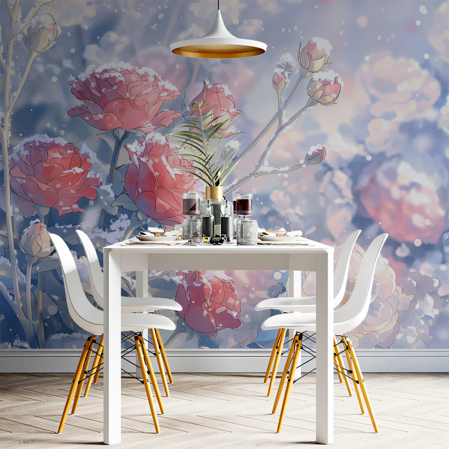 Snow-Dusted Pink Rose Mural Wallpaper — Romantic Winter Floral Mural Wallpaper