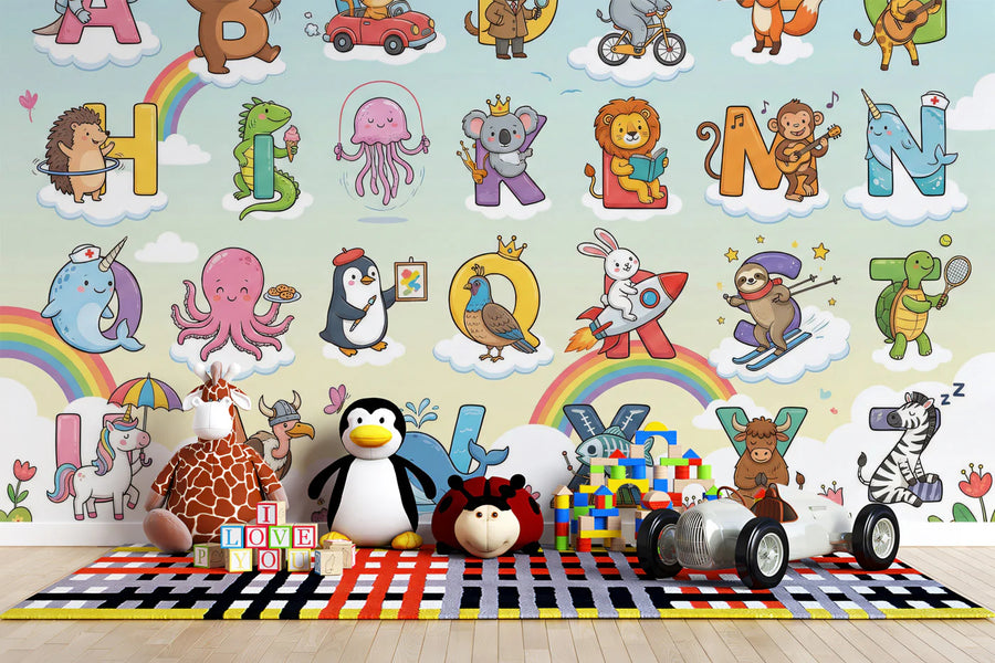 Cheerful Animal Alphabet Mural Wallpaper — Whimsical Educational Art Mural Wallpaper