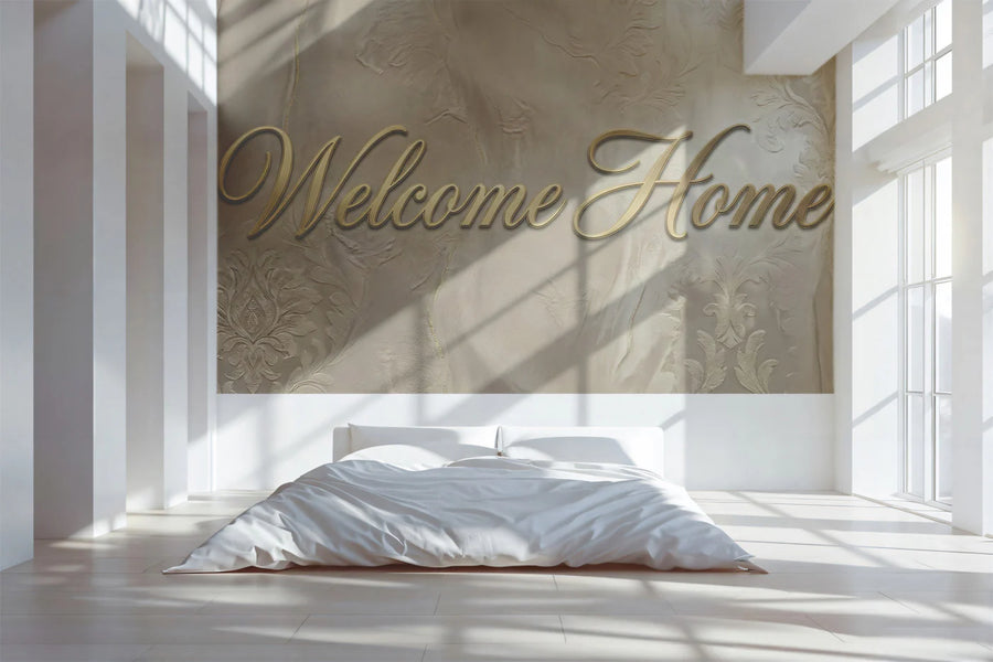 Welcome Home Damask Mural Wallpaper — Elegant Metallic Script Mural Wallpaper