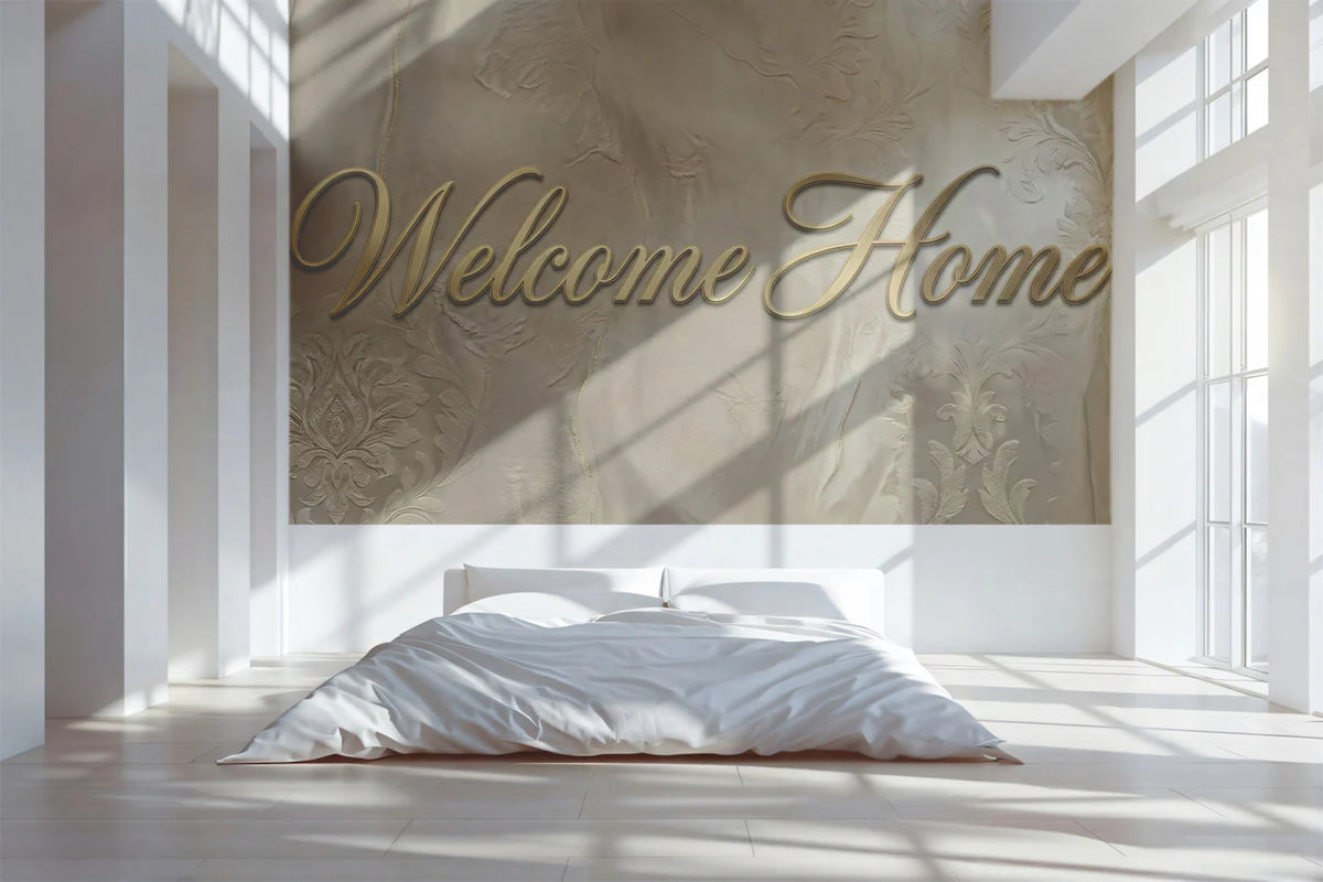 Welcome Home Damask Mural Wallpaper — Elegant Metallic Script Mural Wallpaper - pure wallpaper artwork