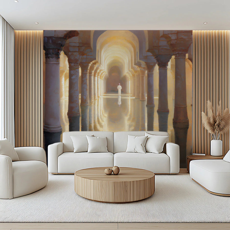 Golden Moorish Column Hall Mural Wallpaper — Oil Painting Style Mural Wallpaper