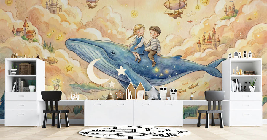 Flying Whale and Sky Castle Mural Wallpaper — Whimsical Fantasy Mural Wallpaper