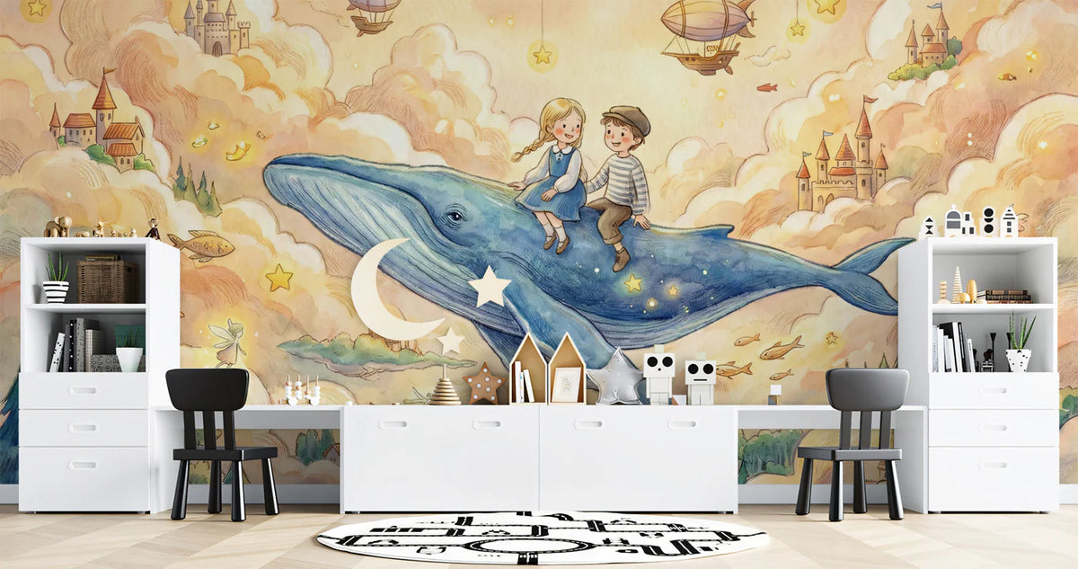 Flying Whale and Sky Castle Mural Wallpaper — Whimsical Fantasy Mural Wallpaper - pure wallpaper artwork
