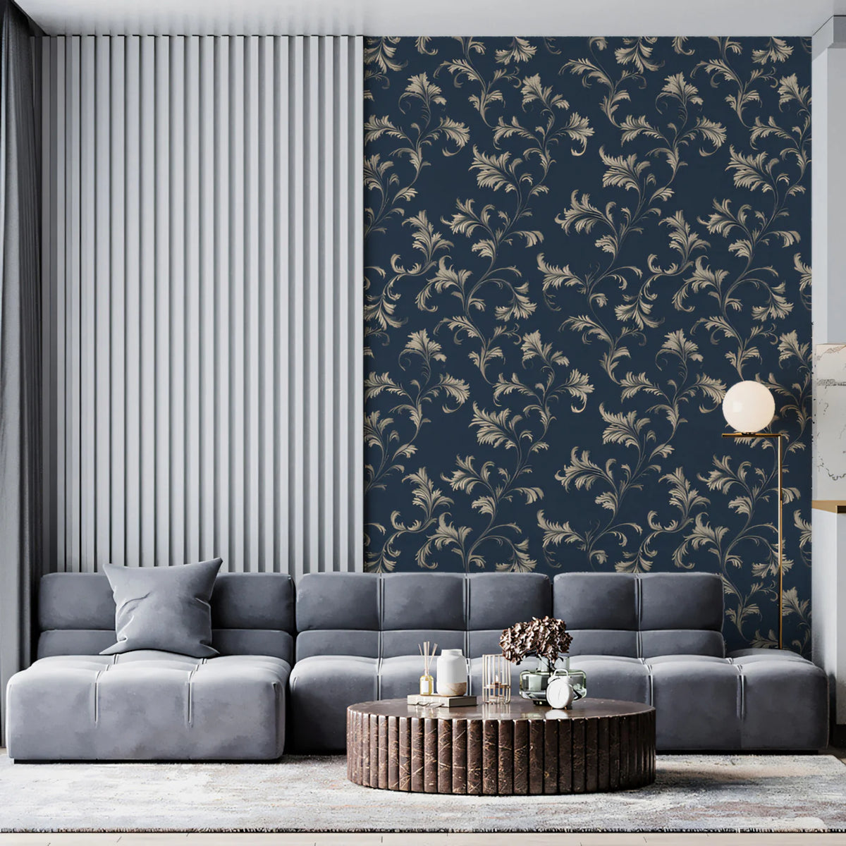 Vintage Botanical Vine Mural Wallpaper — Deep Navy and Cream Mural Wallpaper - pure wallpaper artwork