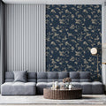 Vintage Botanical Vine Mural Wallpaper — Deep Navy and Cream Mural Wallpaper - pure wallpaper artwork