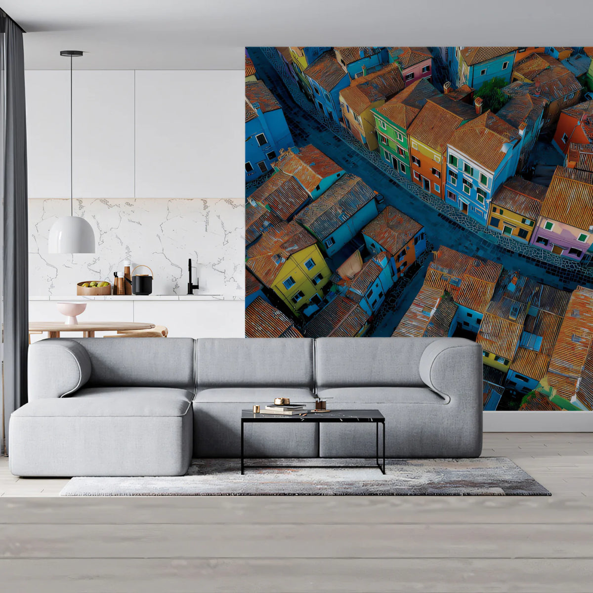 Aerial Mediterranean Village Mural Wallpaper — Vibrant Cityscape Mural Wallpaper - pure wallpaper artwork