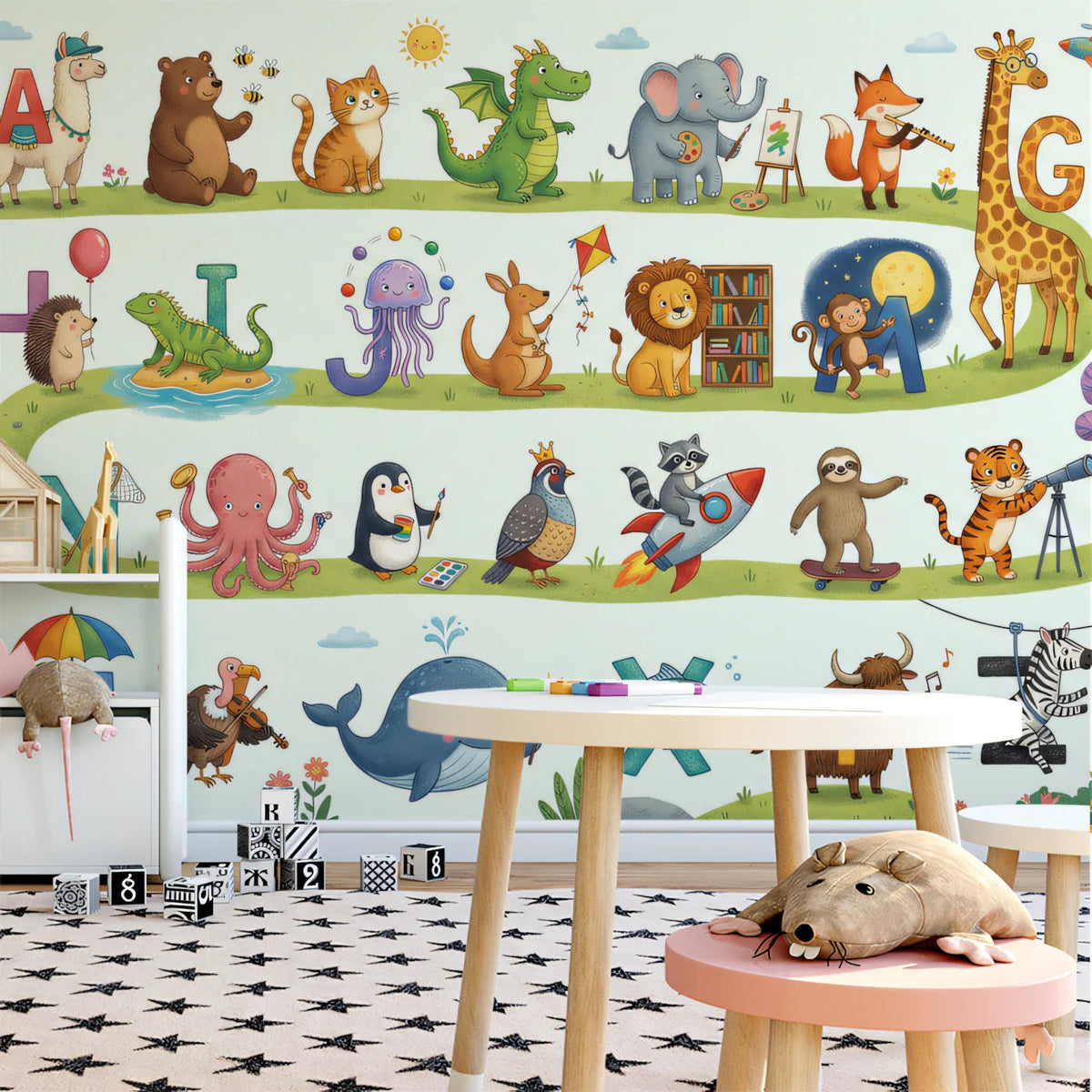 Animal Alphabet Journey Mural Wallpaper — Whimsical Kids Illustration Mural Wallpaper - pure wallpaper artwork