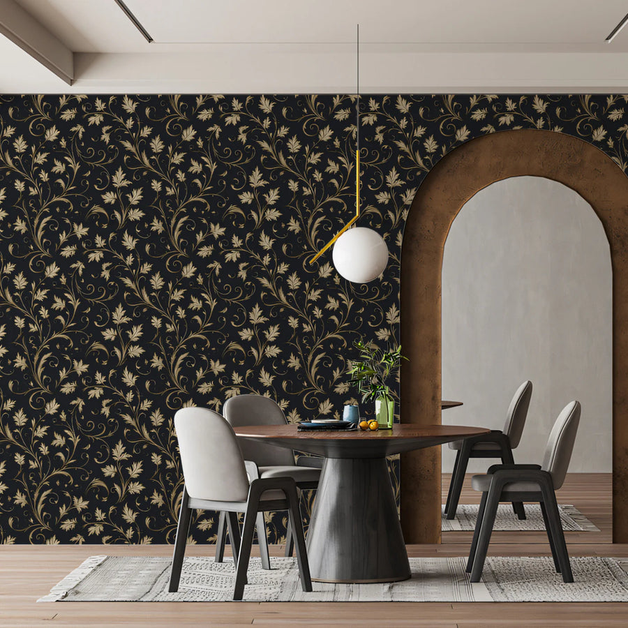 Golden Vine Damask Mural Wallpaper — Vintage Floral Wall Decor Mural Wallpaper