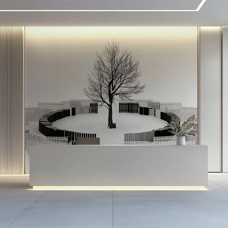 Winter Tree and Concentric Fence Mural Wallpaper — Minimalist Art Mural Wallpaper