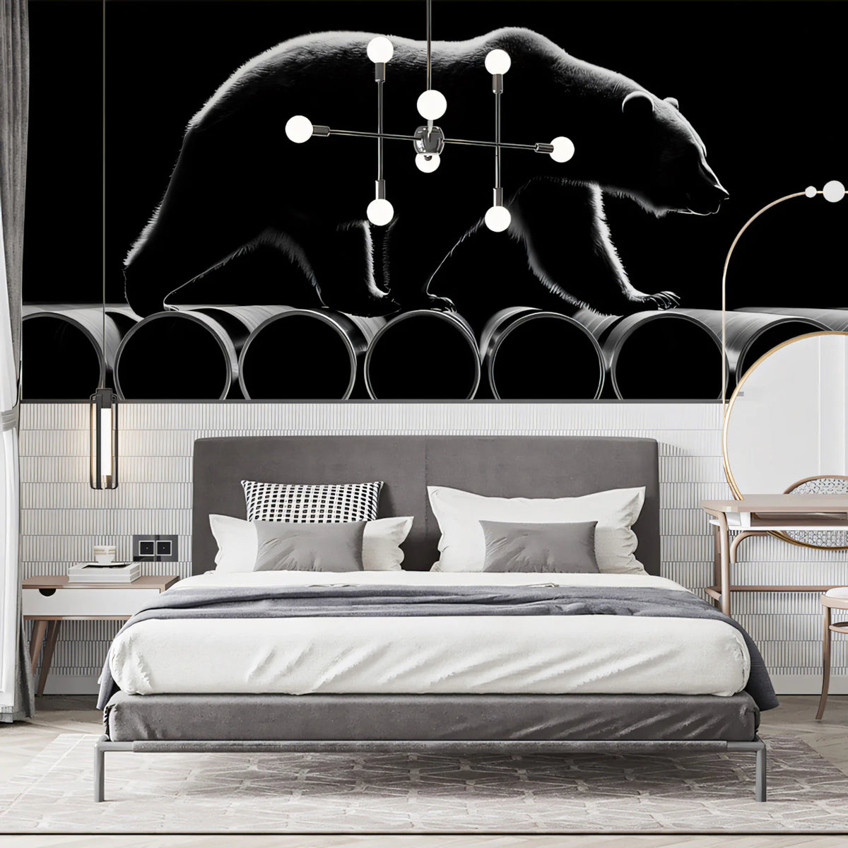 Bear and Industrial Pipe Mural Wallpaper — Minimalist Monochrome Mural Wallpaper - pure wallpaper artwork