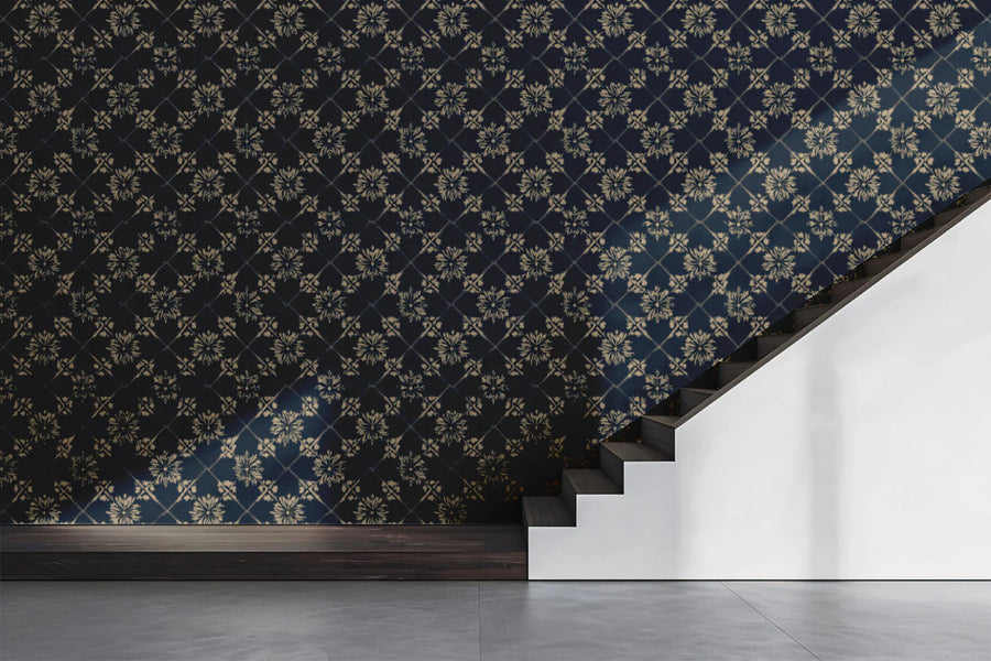 Navy and Gold Diamond Trellis Floral Mural Wallpaper