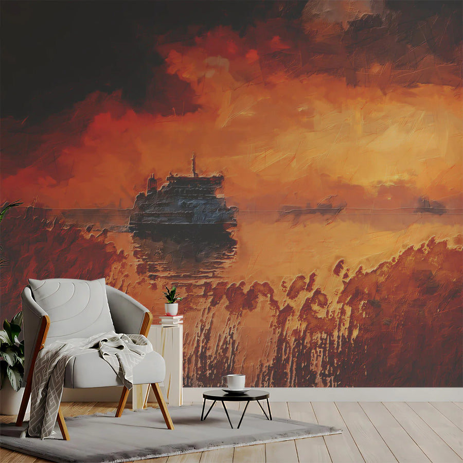 Impressionist Harbor Sunset Mural Wallpaper — Warm Artistic Scene Mural Wallpaper