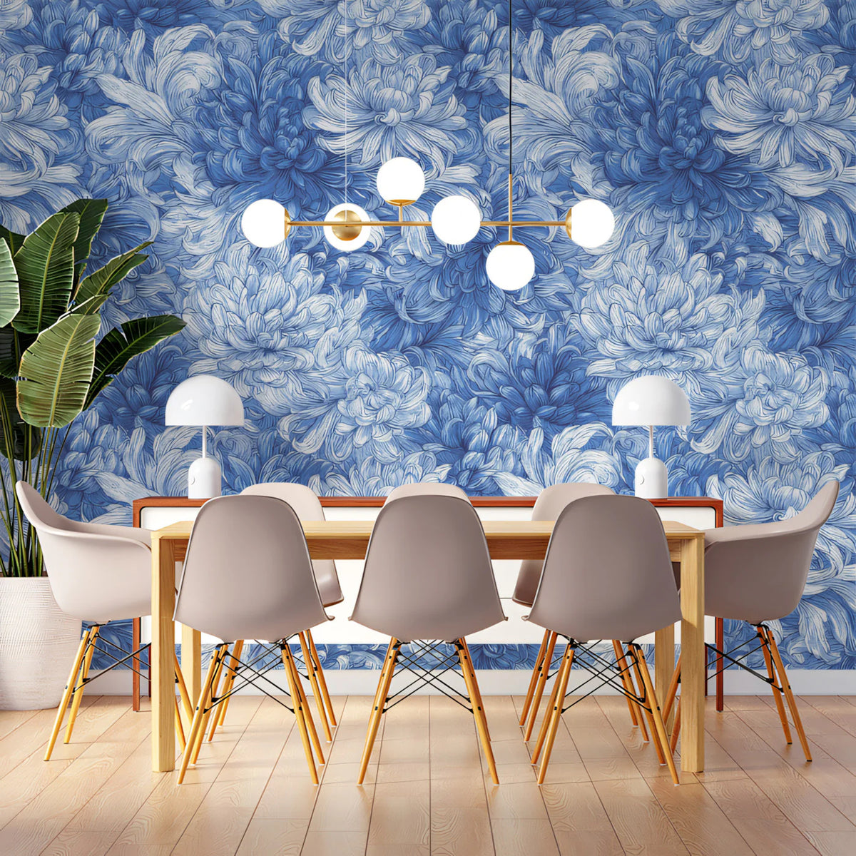 Blue and White Chrysanthemum Floral Mural Wallpaper - pure wallpaper artwork