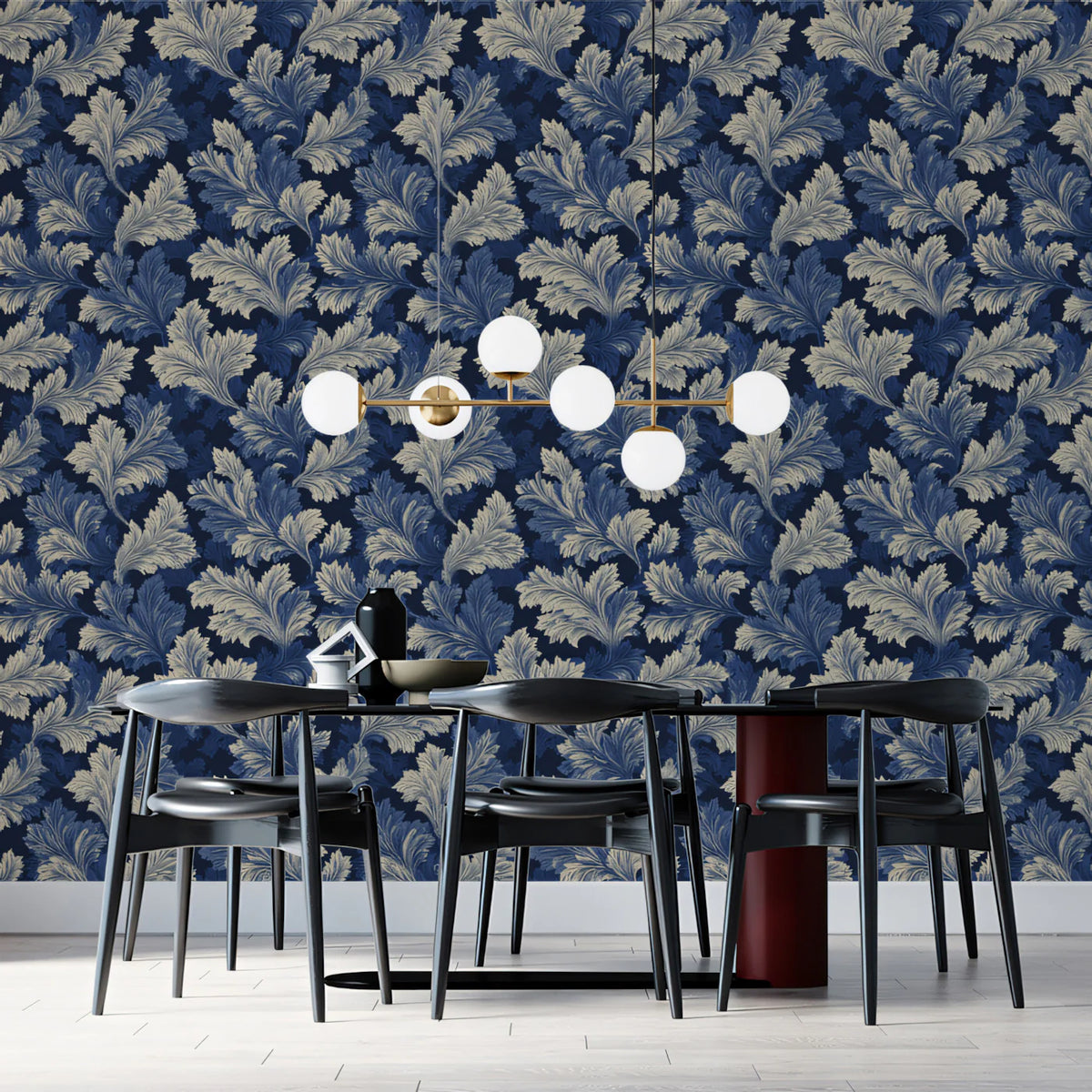 Indigo Acanthus Leaf Mural Wallpaper — Traditional Botanical Pattern Mural Wallpaper - pure wallpaper artwork