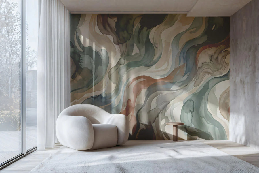 Abstract Watercolor Waves Mural Wallpaper — Earthy Fluid Art Mural Wallpaper