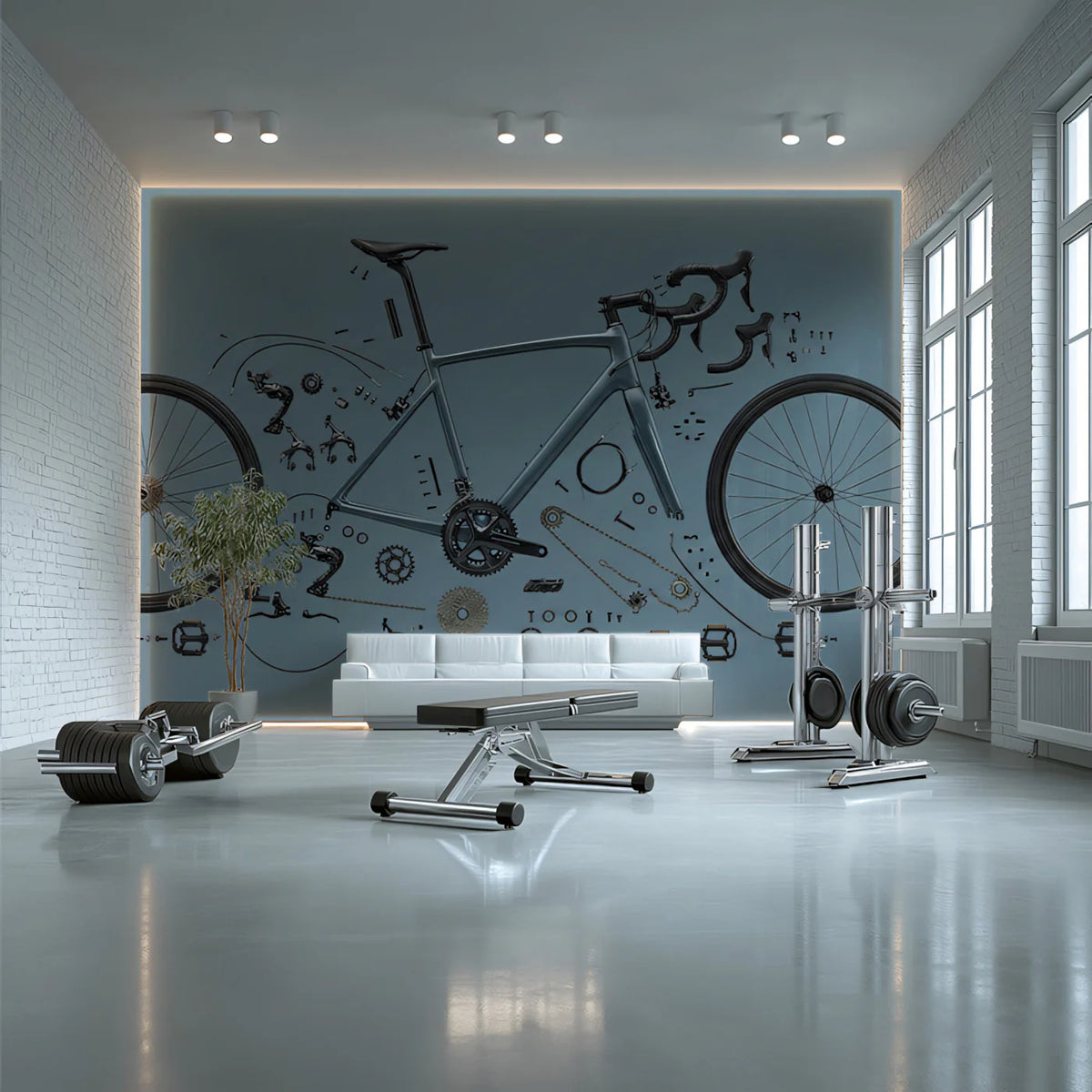 Exploded Bicycle Components Mural Wallpaper — Industrial Flat Lay Mural Wallpaper - pure wallpaper artwork