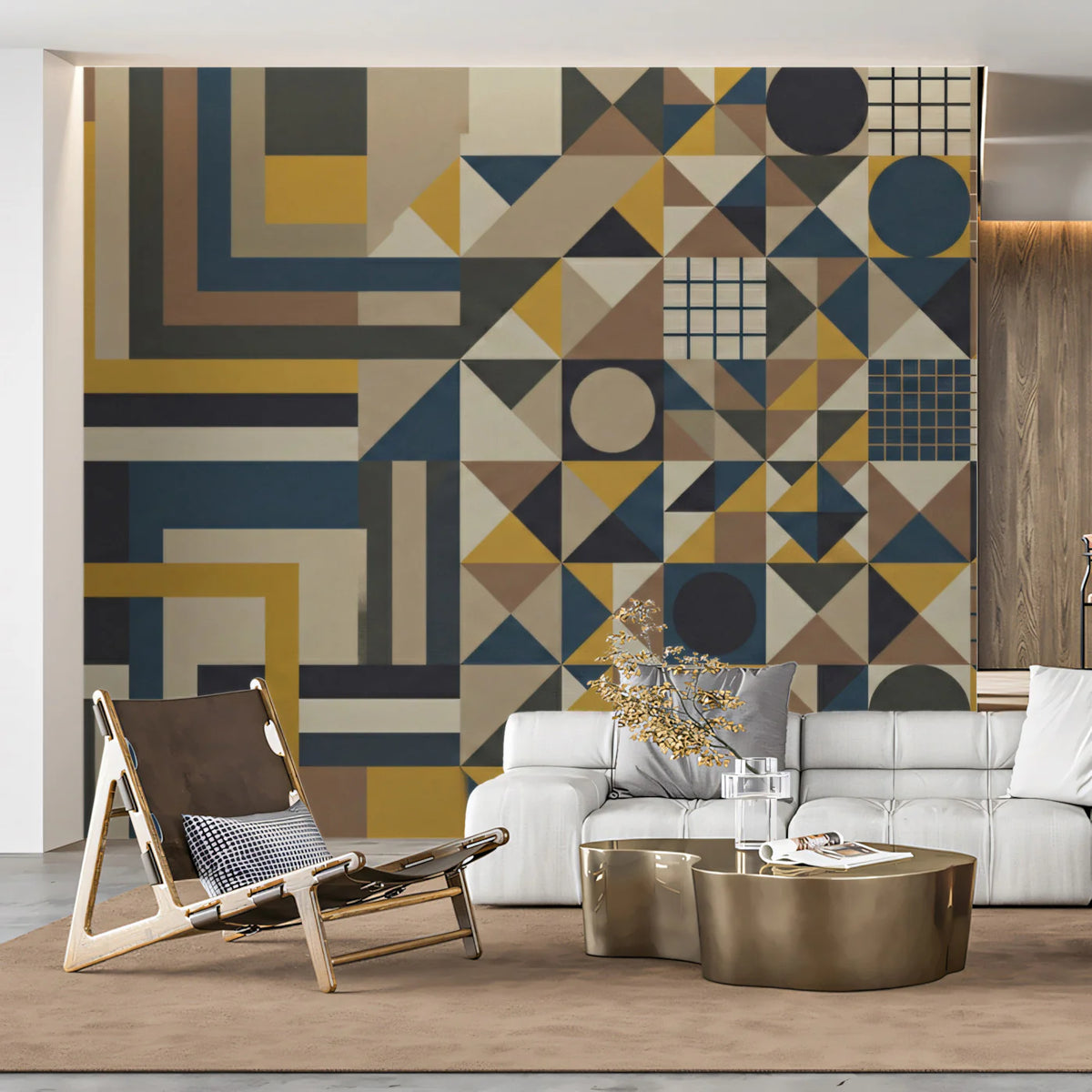 Mid-Century Geometric Maze Mural Wallpaper in Retro Tones Mural Wallpaper - pure wallpaper artwork