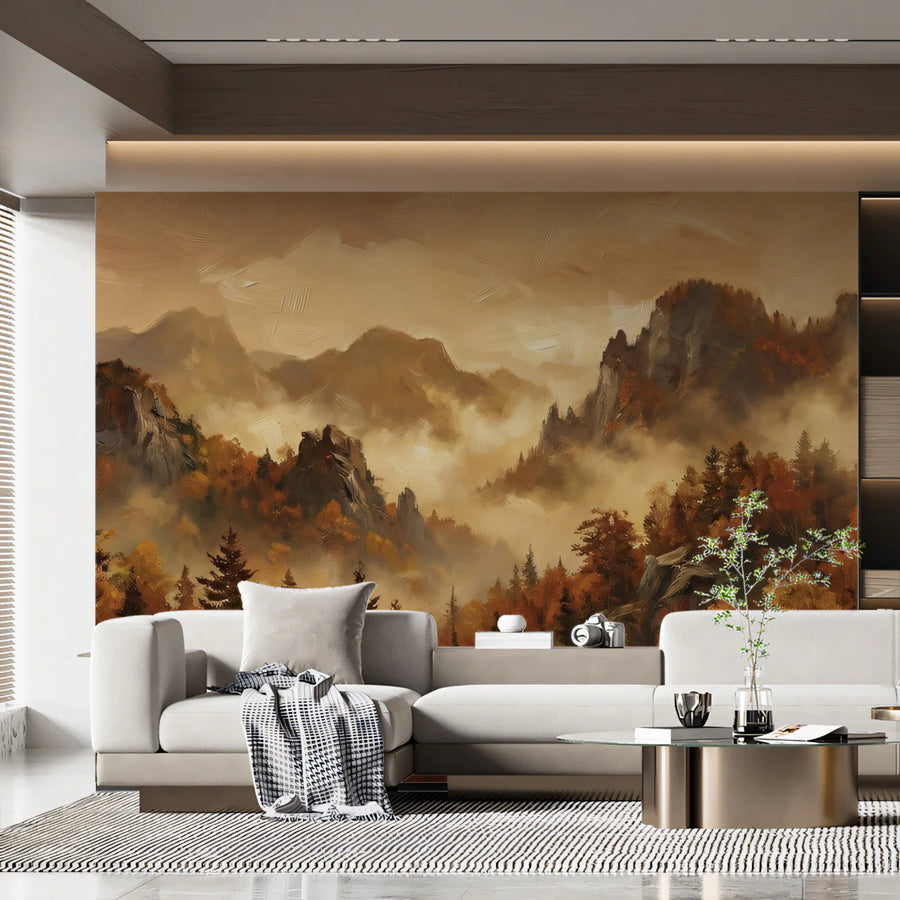 Autumn Mountain Forest Mural Wallpaper — Impressionistic Landscape Mural Wallpaper