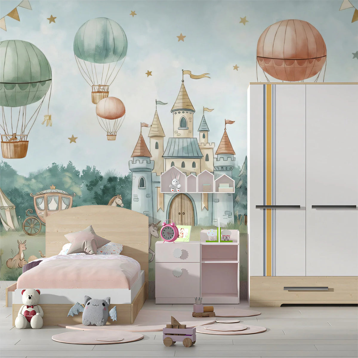 Watercolor Fairytale Castle Mural Wallpaper — Whimsical Landscape Mural Wallpaper - pure wallpaper artwork
