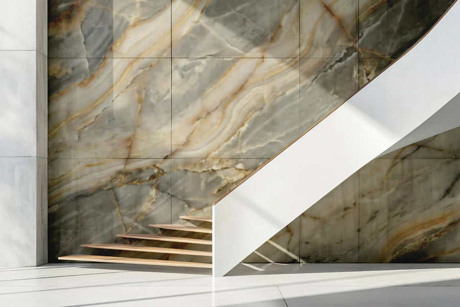 Grey and Gold Onyx Marble Mural Wallpaper — Sophisticated Stone Mural Wallpaper