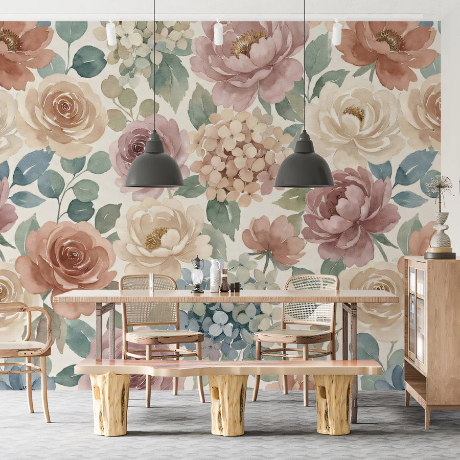 Watercolor Vintage Floral Mural Wallpaper — Soft Botanical Art Mural Wallpaper