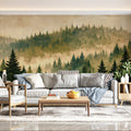 Misty Evergreen Forest Mural Wallpaper — Impressionistic Landscape Mural Wallpaper - pure wallpaper artwork