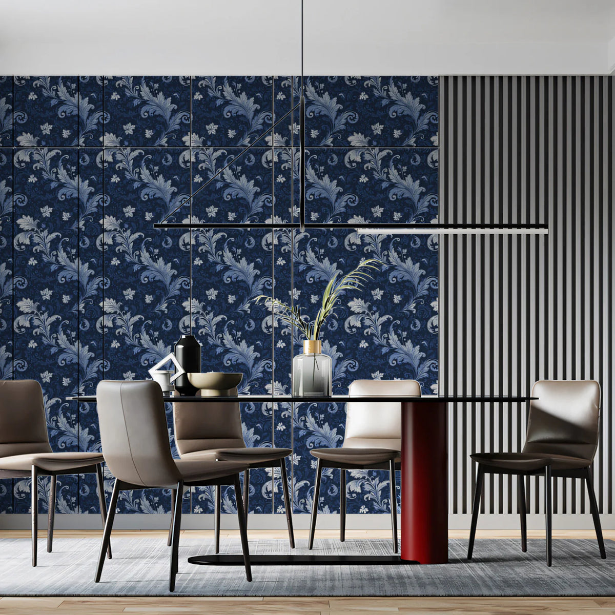 Navy Blue Acanthus Scroll Mural Wallpaper — Traditional Baroque Style Mural Wallpaper - pure wallpaper artwork