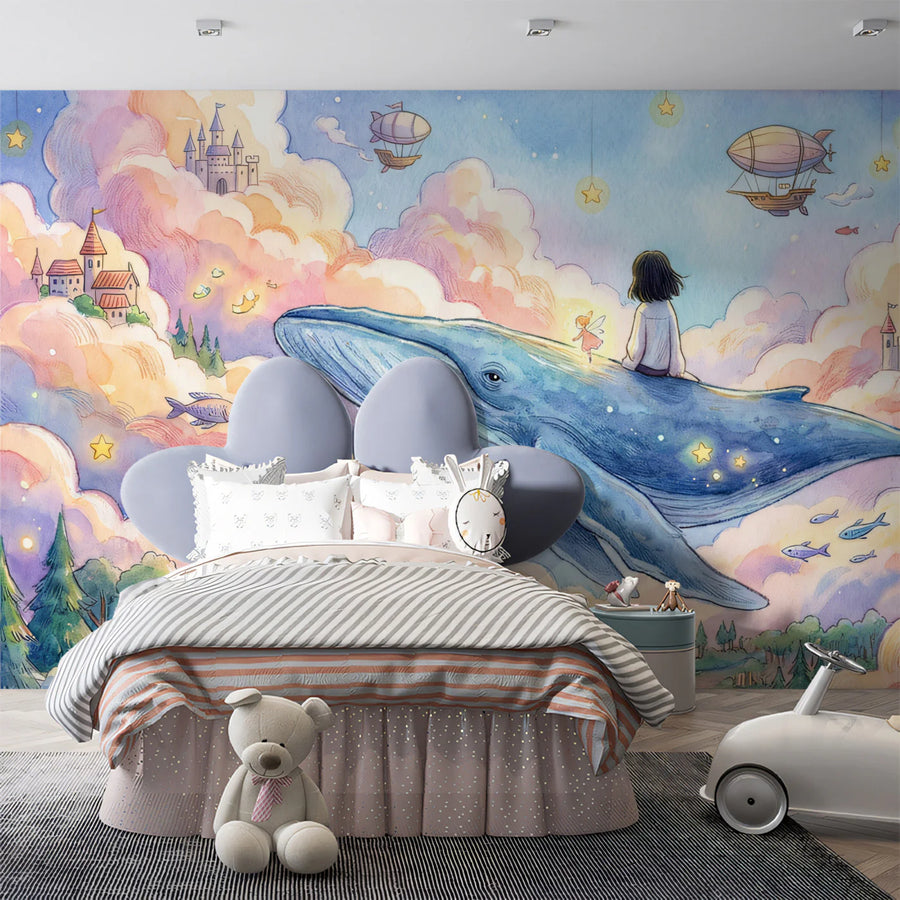 Flying Whale and Floating Castle Mural Wallpaper — Storybook Fantasy Mural Wallpaper