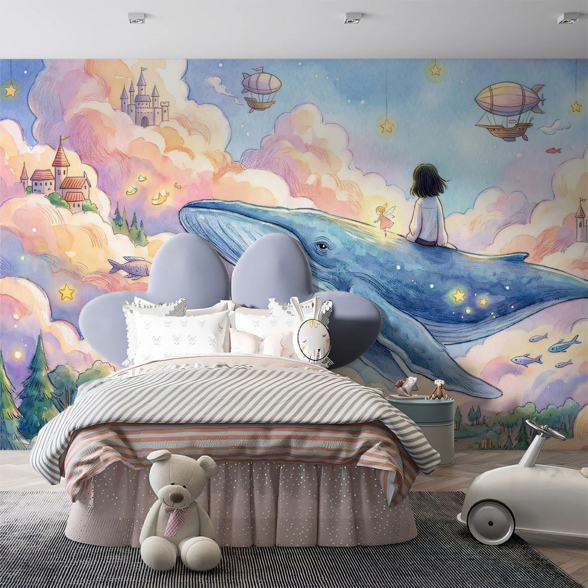Flying Whale and Floating Castle Mural Wallpaper — Storybook Fantasy Mural Wallpaper - pure wallpaper artwork