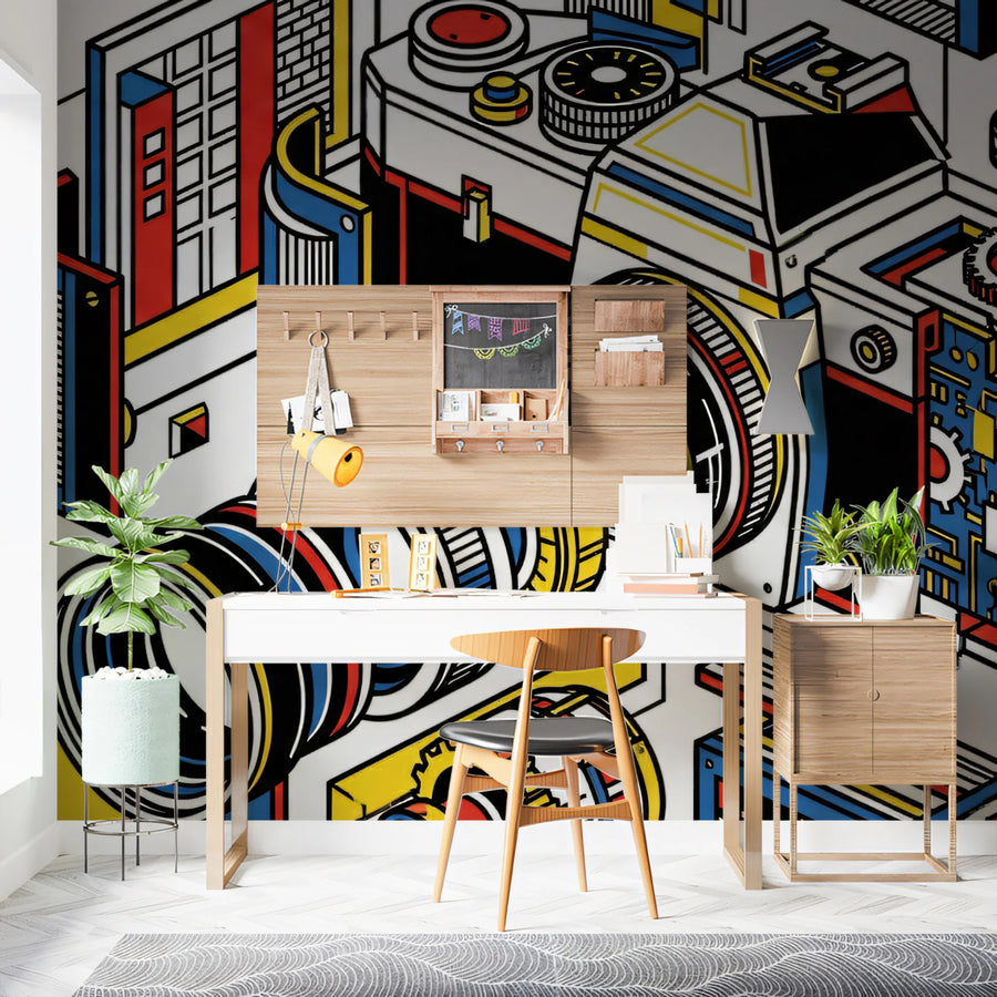 Exploded Camera Pop Art Mural Wallpaper — Isometric Photography Mural Wallpaper