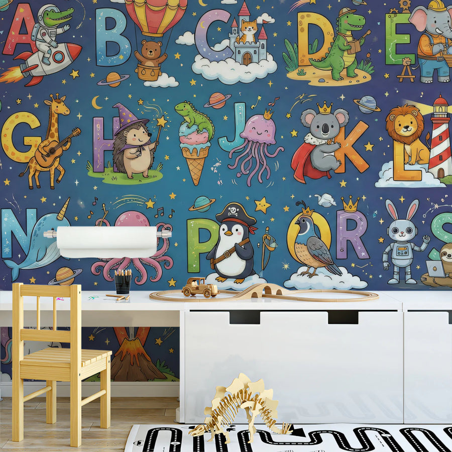 Cosmic Alphabet Animal Mural Wallpaper — Whimsical Educational Design Mural Wallpaper