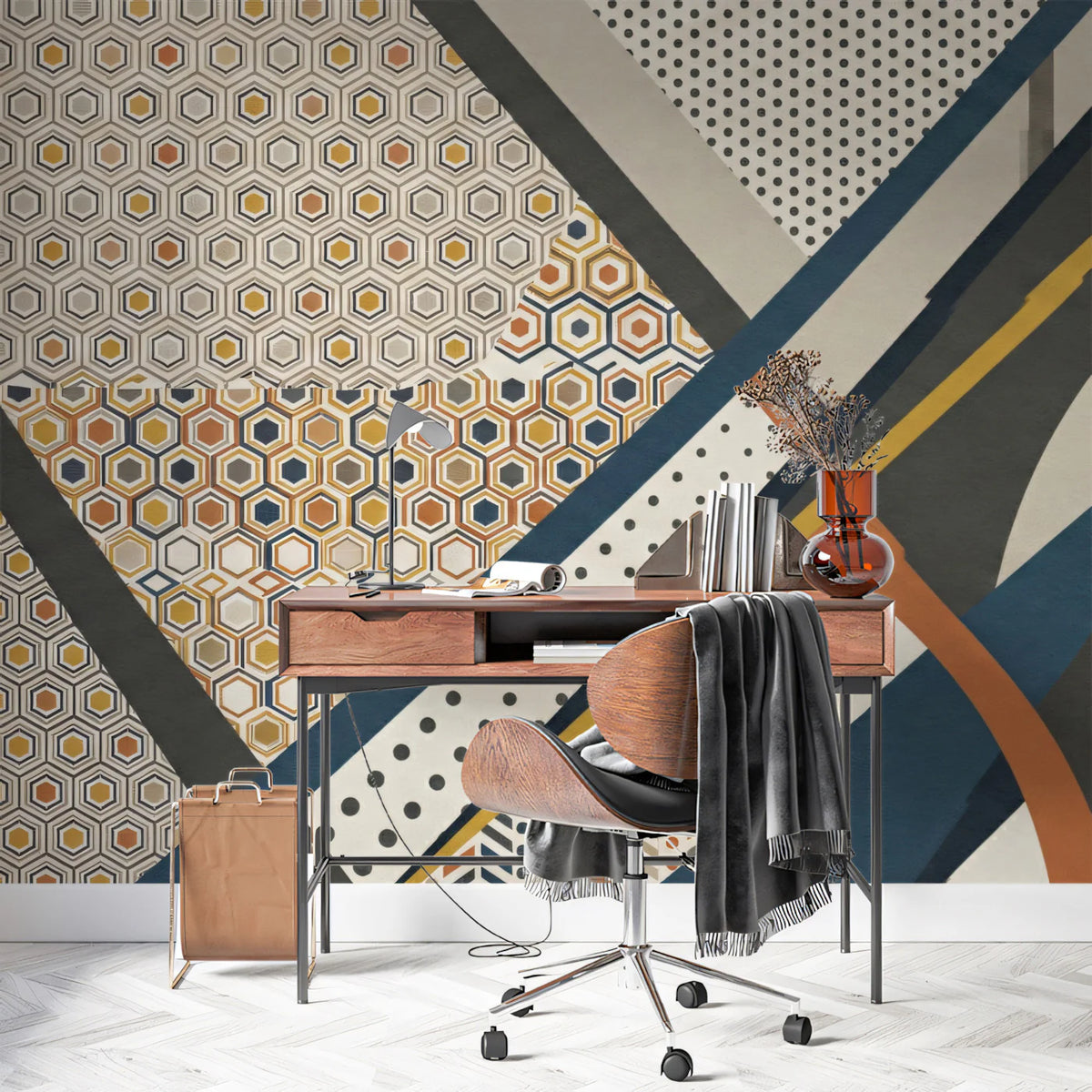 Mid-Century Geometric Collage Mural Wallpaper — Retro Abstract Style Mural Wallpaper - pure wallpaper artwork