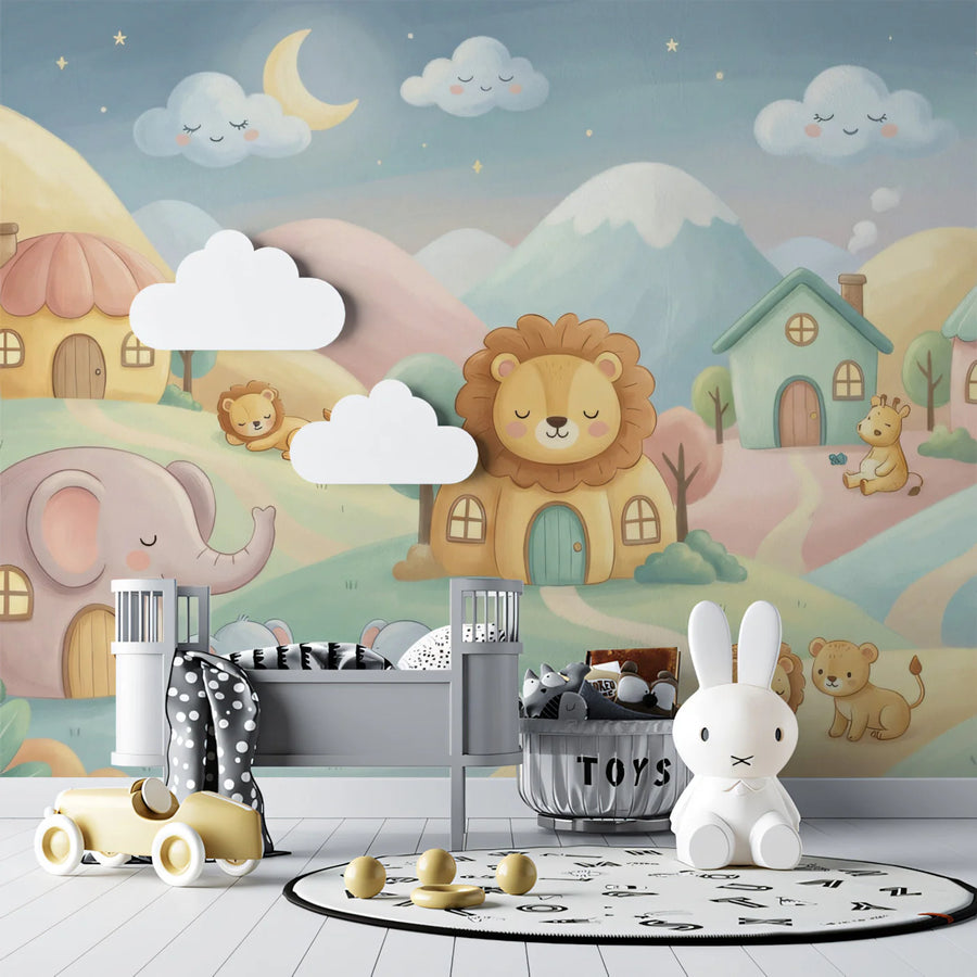 Safari Village Landscape Mural Wallpaper — Whimsical Kids Decor Mural Wallpaper