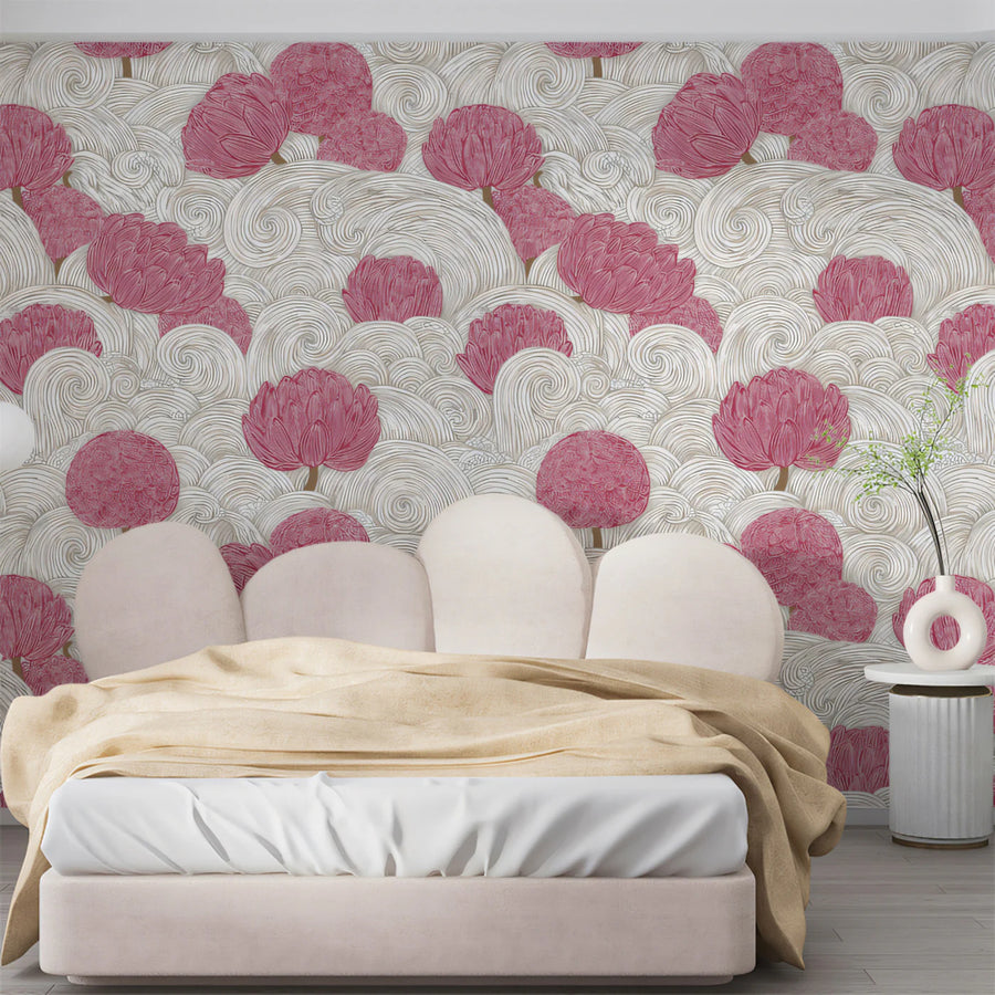 Pink Botanical Wave Mural Wallpaper — Asian Inspired Floral Design Mural Wallpaper