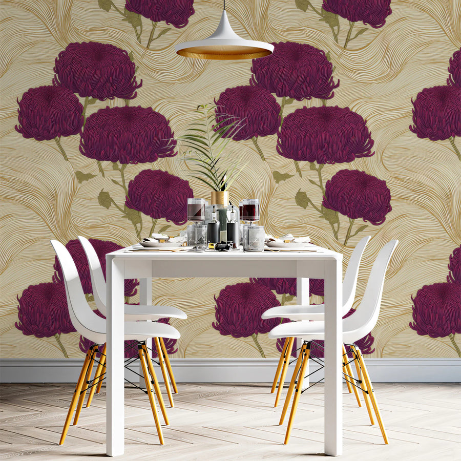 Vintage Chrysanthemum Wave Mural Wallpaper — Floral Wall Art Mural Wallpaper