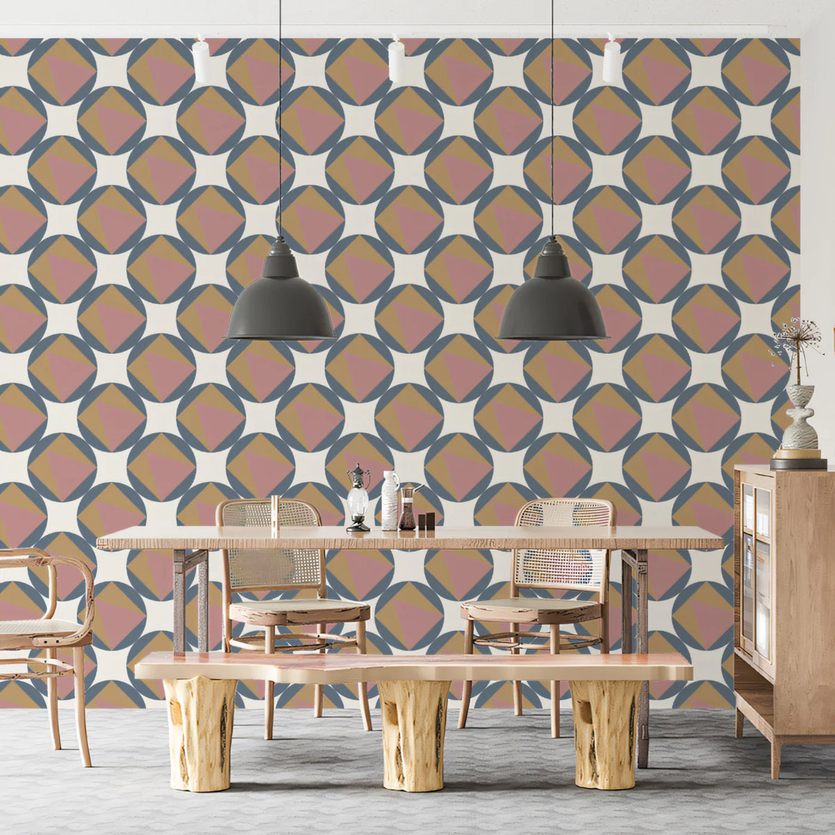 Mid-Century Geometric Mural Wallpaper in Dusty Rose and Ochre Mural Wallpaper - pure wallpaper artwork