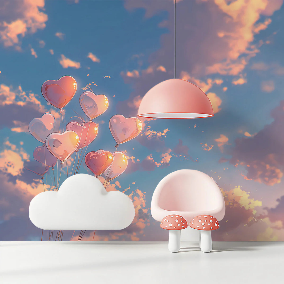 Floating Heart Balloons Mural Wallpaper — Sunset Sky Design Mural Wallpaper - pure wallpaper artwork