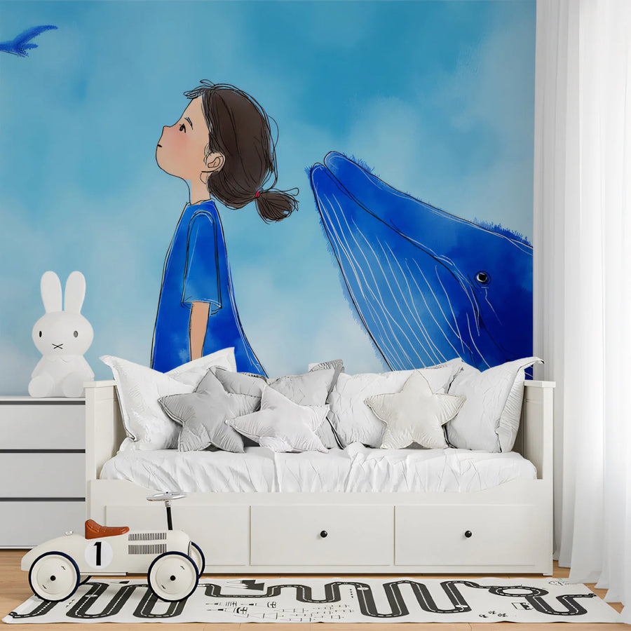 Dreaming Girl and Whale Mural Wallpaper — Whimsical Blue Scene Mural Wallpaper