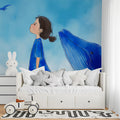 Dreaming Girl and Whale Mural Wallpaper — Whimsical Blue Scene Mural Wallpaper - pure wallpaper artwork