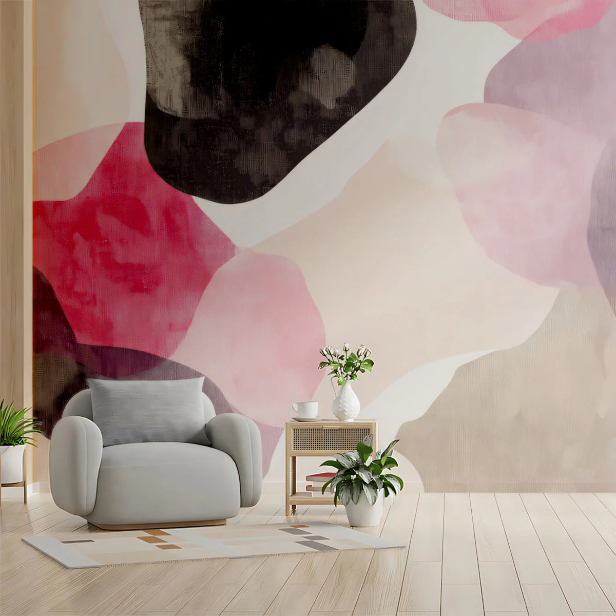 Abstract Collage Mural Wallpaper in Magenta and Charcoal Hues Mural Wallpaper - pure wallpaper artwork