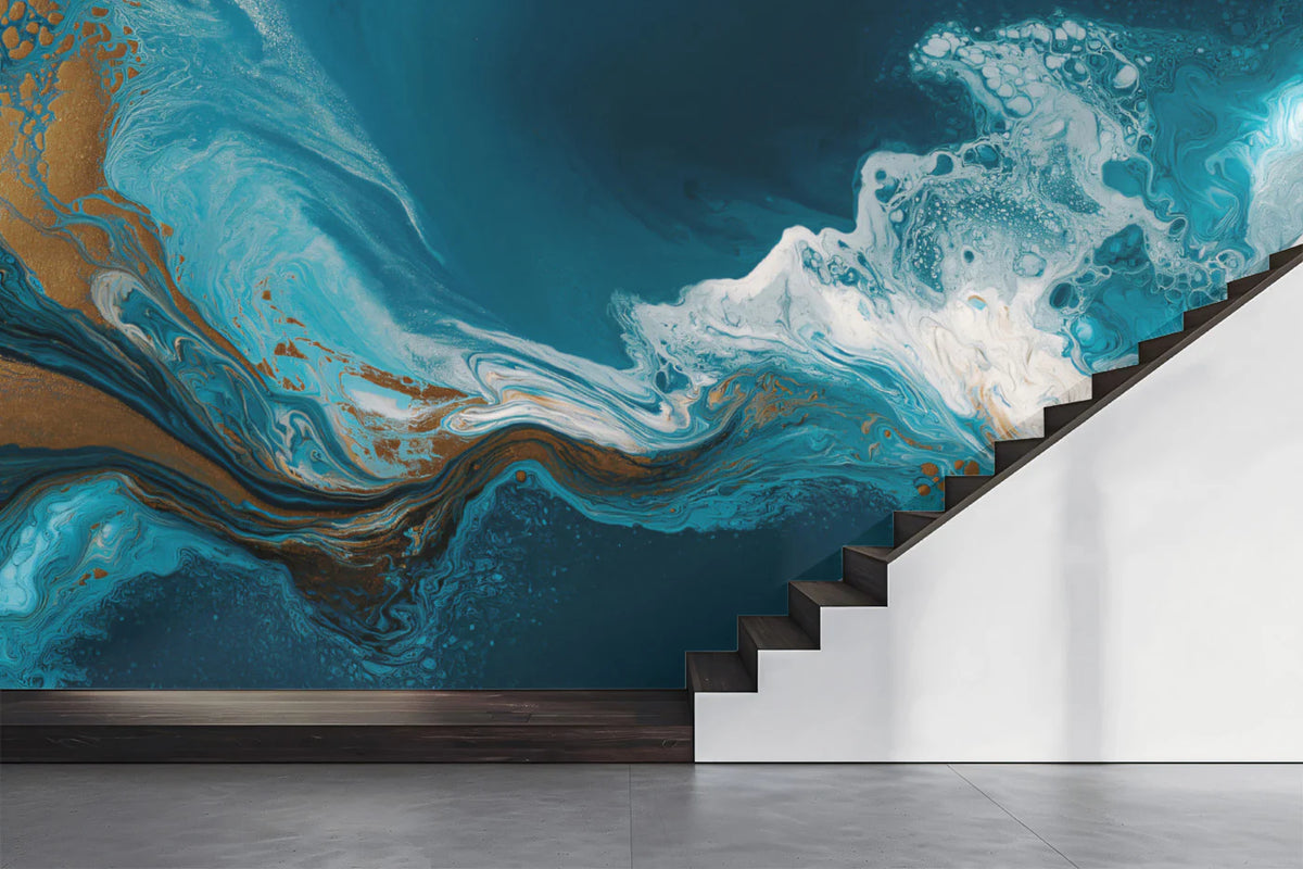Teal and Gold Fluid Marble Mural Wallpaper — Abstract Wave Art Mural Wallpaper - pure wallpaper artwork