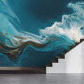 Teal and Gold Fluid Marble Mural Wallpaper — Abstract Wave Art Mural Wallpaper - pure wallpaper artwork