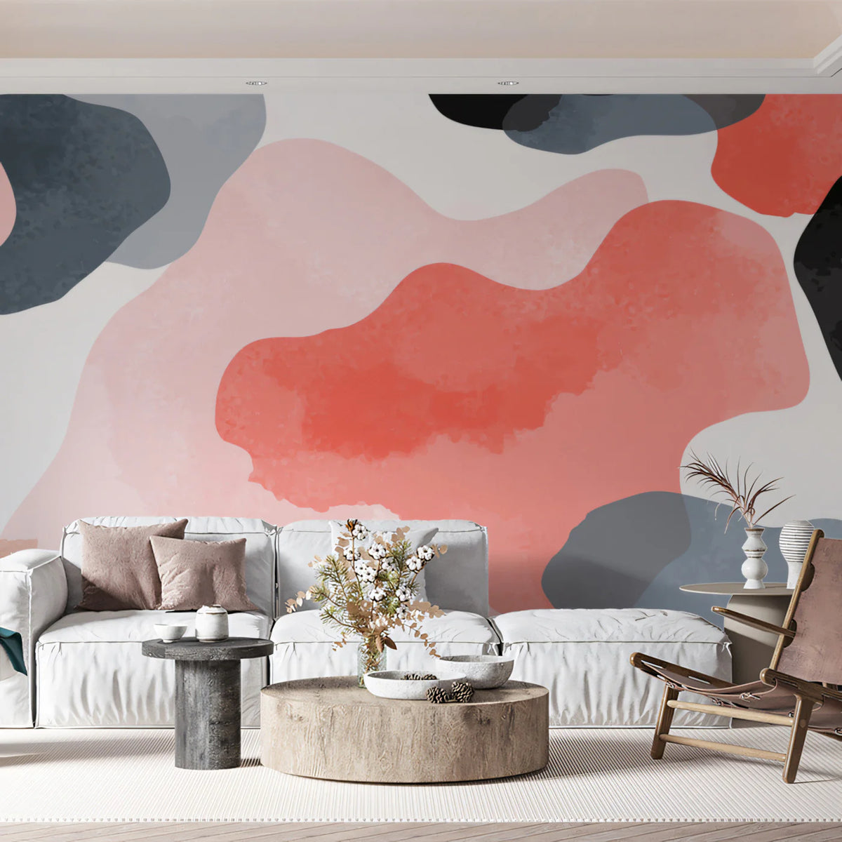 Abstract Watercolor Blob Mural Wallpaper — Coral and Charcoal Mural Wallpaper - pure wallpaper artwork